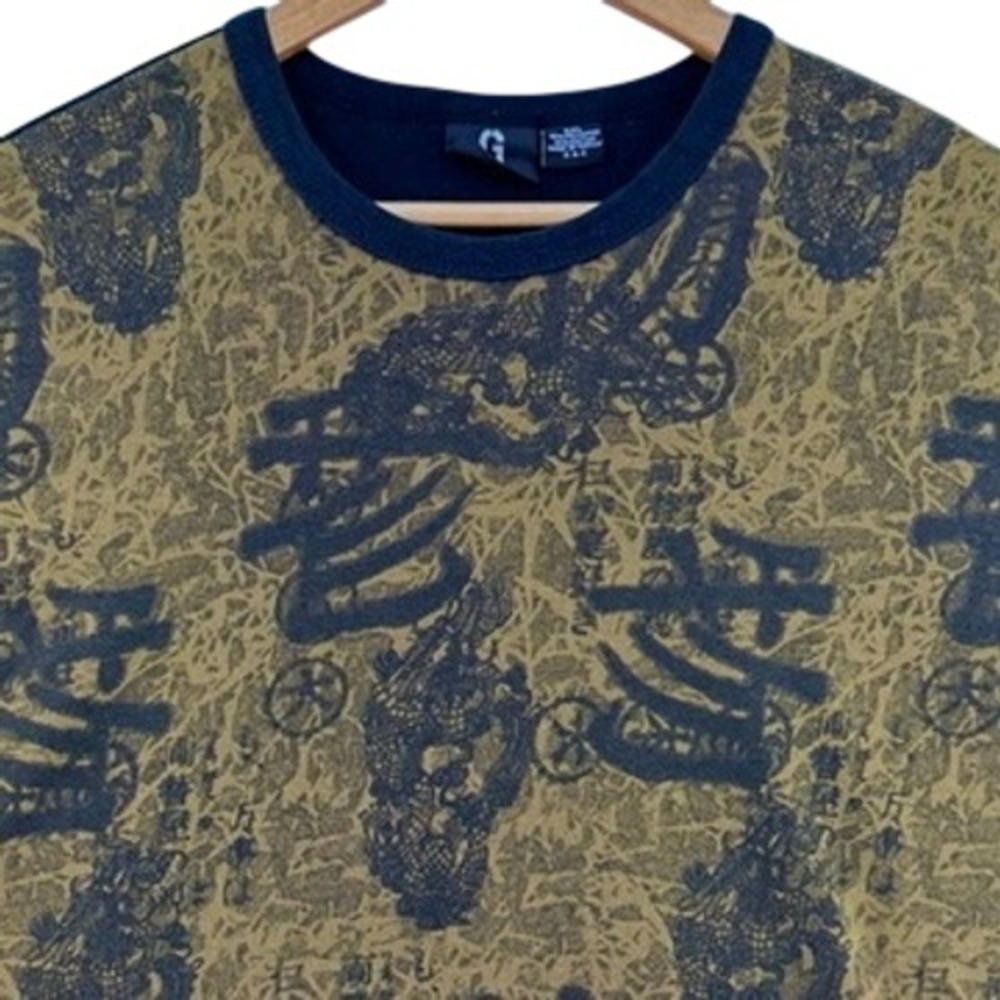 VTG Guess Jeans XXL Shirt Green Black Dragon Kanji Triangle Logo Cyber 1990s 90s